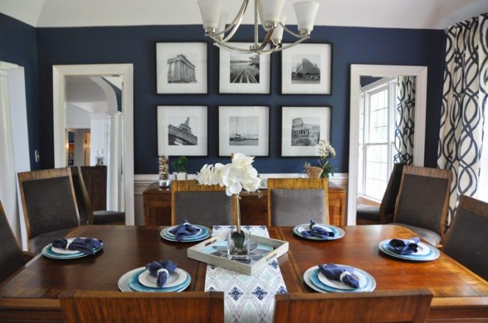 Dining blue room navy dark reveal moody white furniture